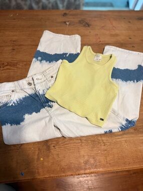Zara Kids Lime Green Ribbed Tank with White & Blue Tie-Dye Jeans